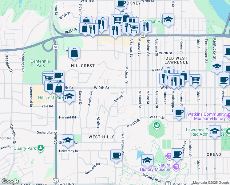 map of restaurants, bars, coffee shops, grocery stores, and more near 905 Emery Road in Lawrence