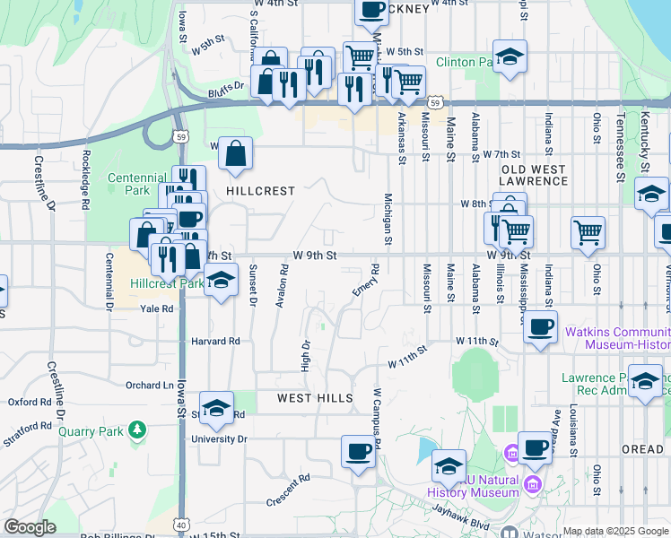 map of restaurants, bars, coffee shops, grocery stores, and more near 1517 West 9th Street in Lawrence