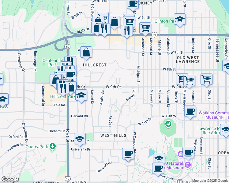 map of restaurants, bars, coffee shops, grocery stores, and more near 1605 West 9th Street in Lawrence