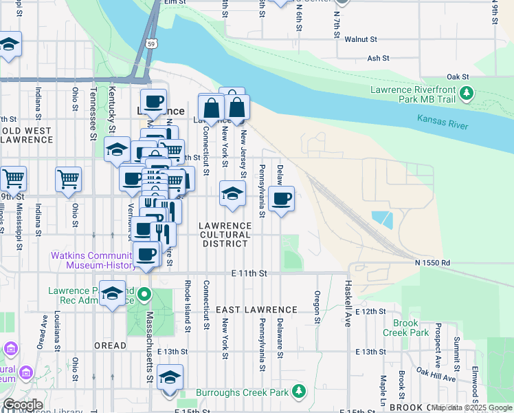 map of restaurants, bars, coffee shops, grocery stores, and more near 909 Pennsylvania Street in Lawrence
