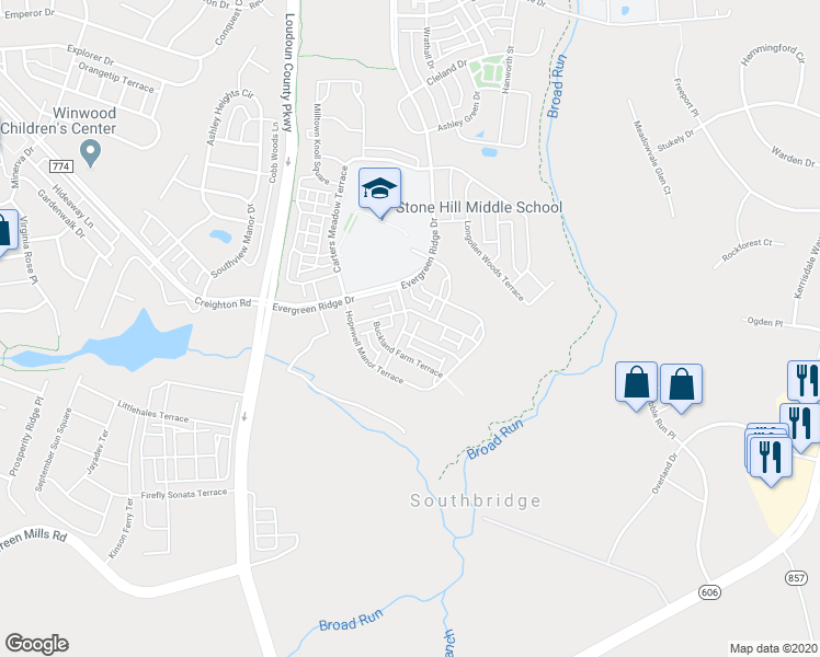 map of restaurants, bars, coffee shops, grocery stores, and more near 23522 Belvoir Woods Terrace in Ashburn