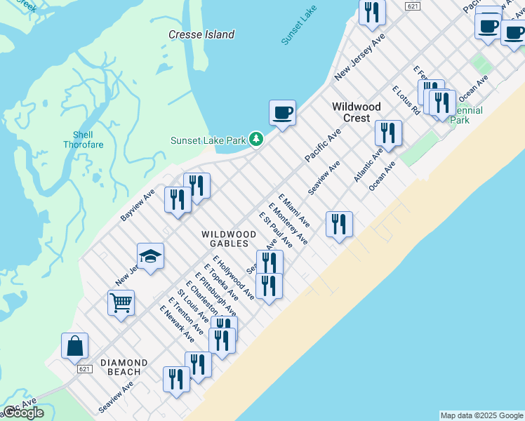 map of restaurants, bars, coffee shops, grocery stores, and more near 201 East Saint Paul Avenue in Wildwood Crest