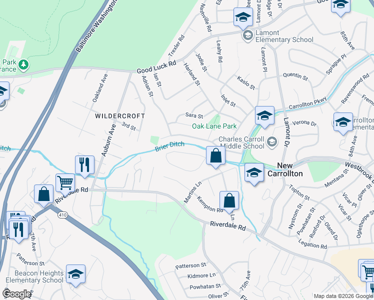 map of restaurants, bars, coffee shops, grocery stores, and more near 7112 Lois Lane in Lanham
