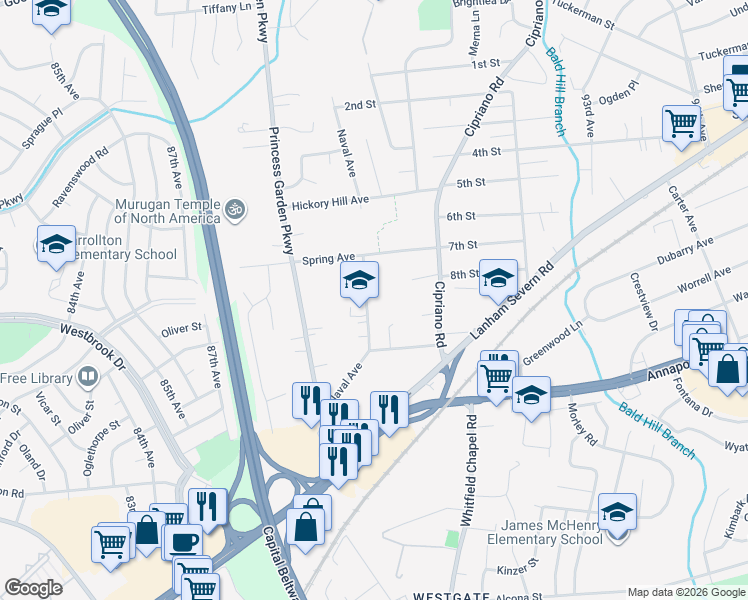 map of restaurants, bars, coffee shops, grocery stores, and more near 6125 Naval Avenue in Seabrook
