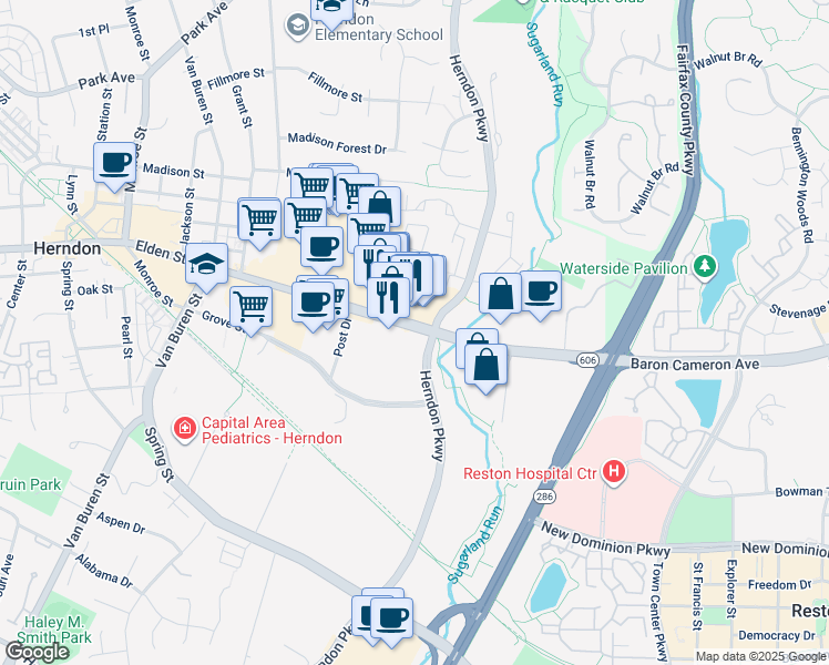 map of restaurants, bars, coffee shops, grocery stores, and more near 315 Elden Street in Herndon