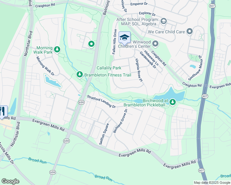 map of restaurants, bars, coffee shops, grocery stores, and more near 42587 Muirwood Court in Ashburn