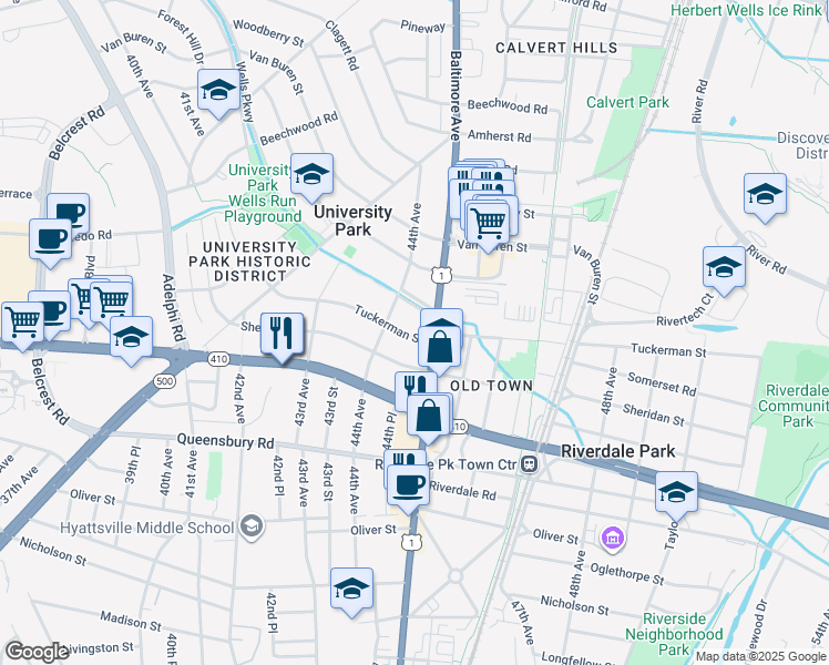 map of restaurants, bars, coffee shops, grocery stores, and more near 4410 Tuckerman Street in University Park