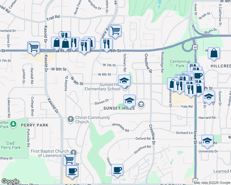 map of restaurants, bars, coffee shops, grocery stores, and more near 918 Wellington Road in Lawrence