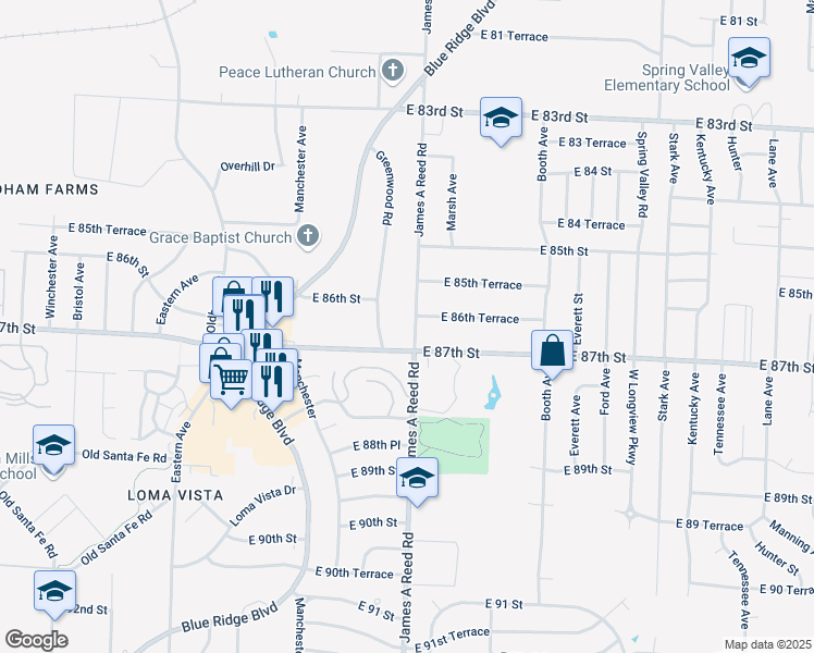 map of restaurants, bars, coffee shops, grocery stores, and more near 8630 James A Reed Road in Raytown