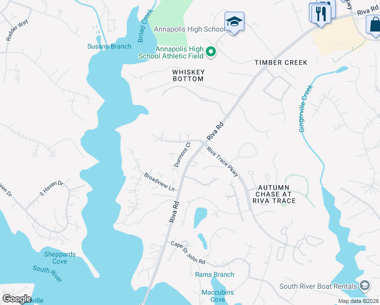map of restaurants, bars, coffee shops, grocery stores, and more near 2805 Durmont Court in Annapolis