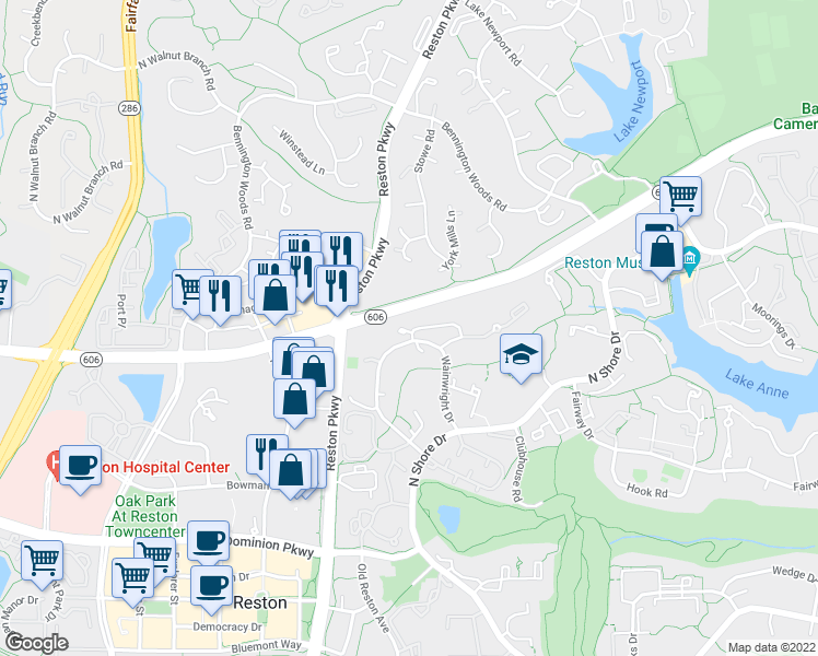map of restaurants, bars, coffee shops, grocery stores, and more near 11668 Mediterranean Court in Reston