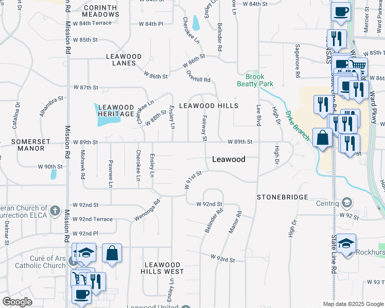 map of restaurants, bars, coffee shops, grocery stores, and more near 2808 West 90th Street in Leawood