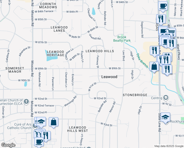 map of restaurants, bars, coffee shops, grocery stores, and more near 2808 West 90th Street in Leawood