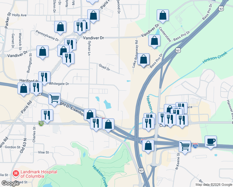 map of restaurants, bars, coffee shops, grocery stores, and more near 2624 Whitegate Drive in Columbia