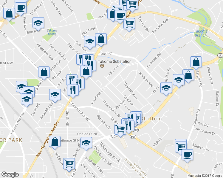 map of restaurants, bars, coffee shops, grocery stores, and more near 706 Somerset Place in Hyattsville