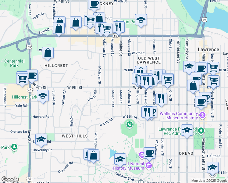 map of restaurants, bars, coffee shops, grocery stores, and more near 912 Missouri Street in Lawrence