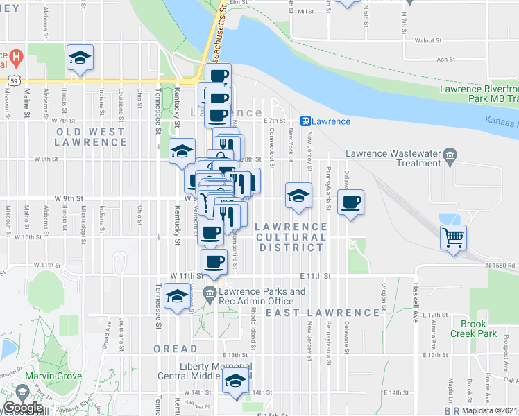 map of restaurants, bars, coffee shops, grocery stores, and more near 910 Rhode Island St in Lawrence