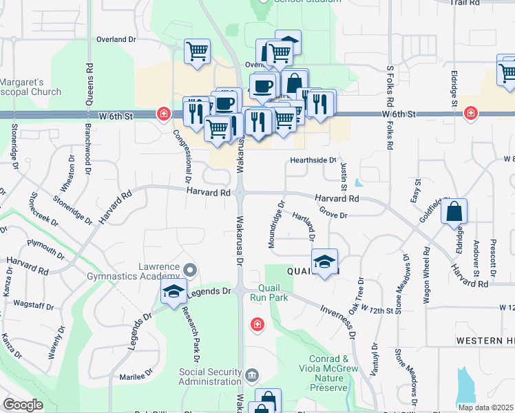 map of restaurants, bars, coffee shops, grocery stores, and more near 4851 Harvard Road in Lawrence