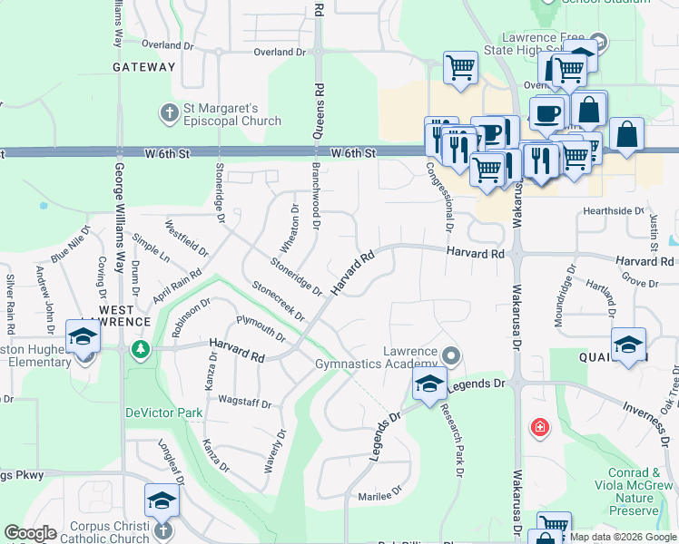 map of restaurants, bars, coffee shops, grocery stores, and more near 1013 Langston Court in Lawrence