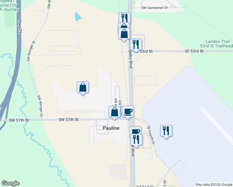 map of restaurants, bars, coffee shops, grocery stores, and more near 35 Southwest Mary Street in Topeka