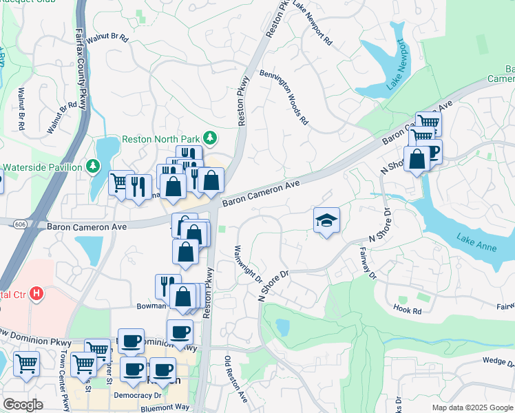 map of restaurants, bars, coffee shops, grocery stores, and more near 11668 Mediterranean Court in Reston