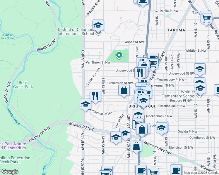 map of restaurants, bars, coffee shops, grocery stores, and more near 1375 Somerset Pl NW in Washington