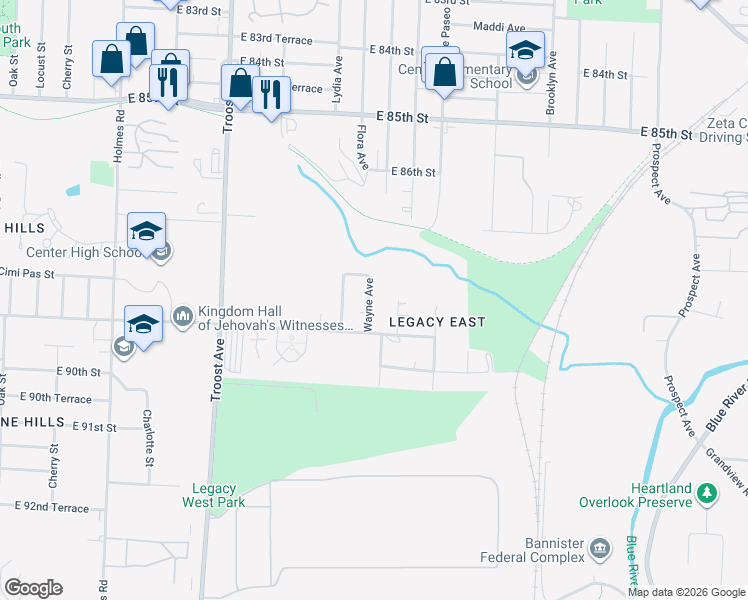 map of restaurants, bars, coffee shops, grocery stores, and more near 8821 Wayne Avenue in Kansas City
