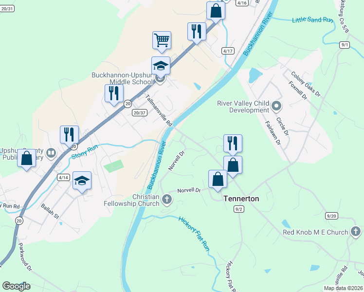 map of restaurants, bars, coffee shops, grocery stores, and more near County Route 9/25 in Buckhannon