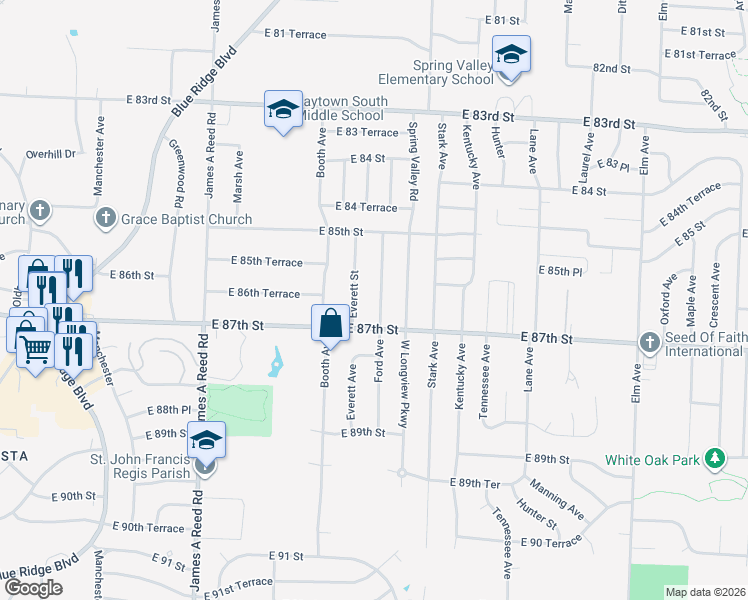 map of restaurants, bars, coffee shops, grocery stores, and more near 8607 Everett Street in Raytown