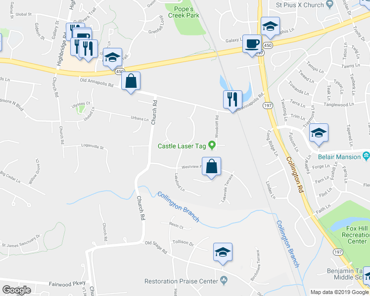 map of restaurants, bars, coffee shops, grocery stores, and more near 14001 Lake Meadows Drive in Bowie