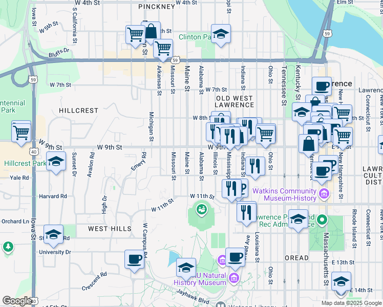 map of restaurants, bars, coffee shops, grocery stores, and more near 908 Maine Street in Lawrence