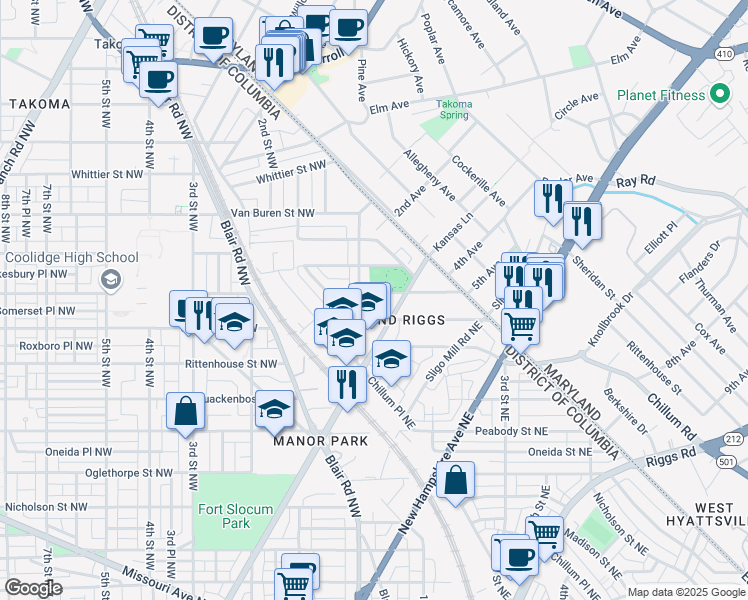 map of restaurants, bars, coffee shops, grocery stores, and more near 15 Tuckerman Street Northwest in Washington