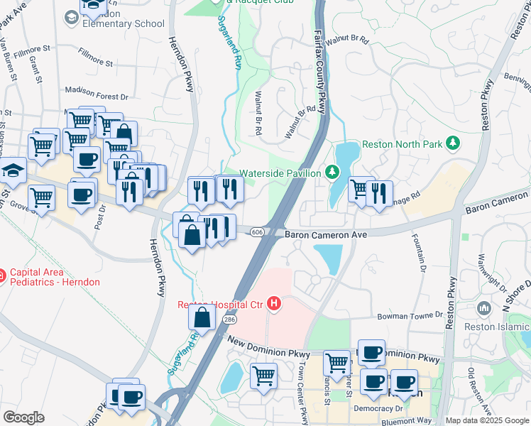 map of restaurants, bars, coffee shops, grocery stores, and more near 108 Elden Street in Herndon