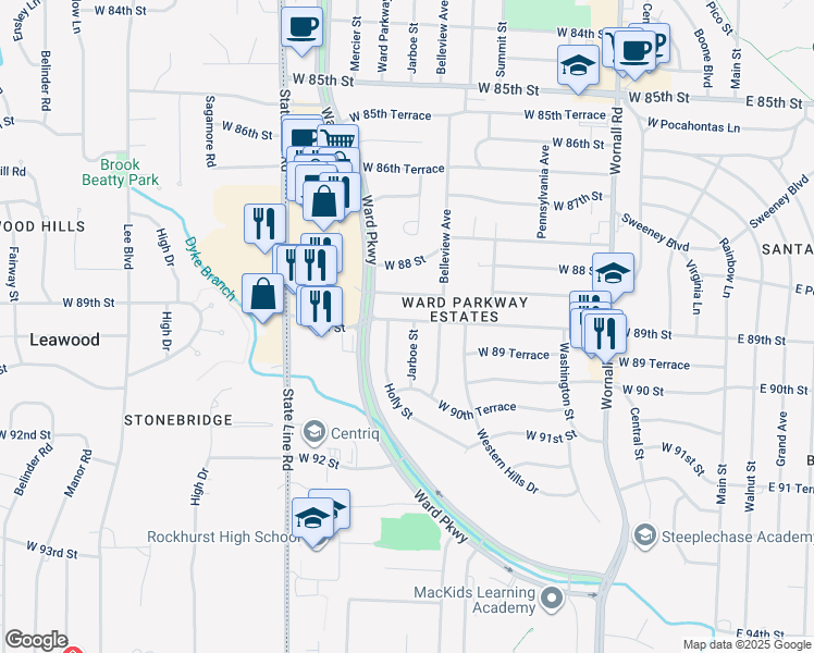 map of restaurants, bars, coffee shops, grocery stores, and more near 8900 Jarboe Street in Kansas City