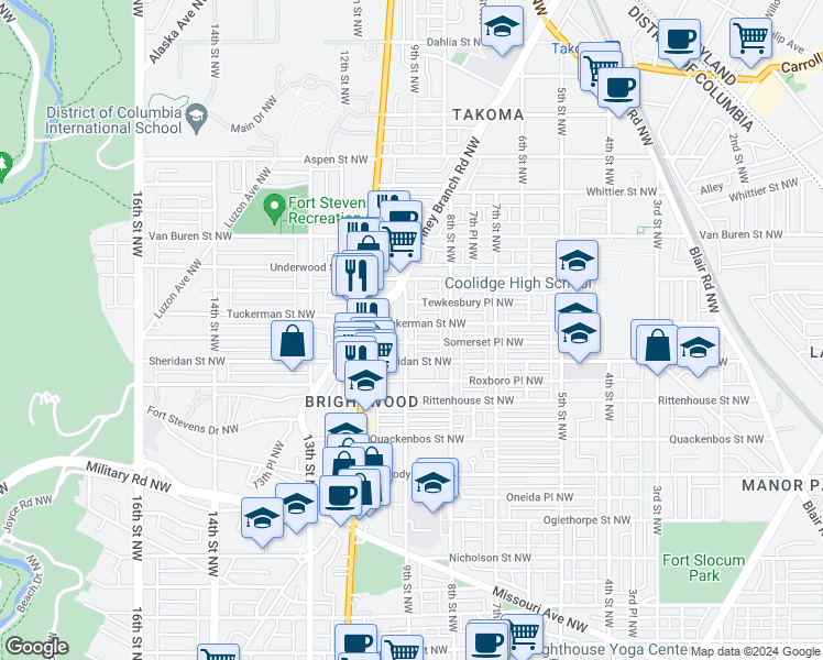 map of restaurants, bars, coffee shops, grocery stores, and more near 6321 9th Street Northwest in Washington