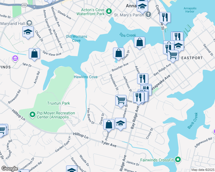 map of restaurants, bars, coffee shops, grocery stores, and more near 960 President Street in Annapolis