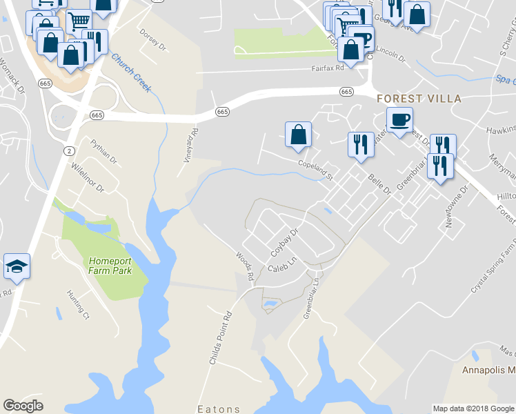 map of restaurants, bars, coffee shops, grocery stores, and more near 734 Pearson Point in Annapolis