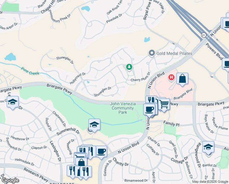 map of restaurants, bars, coffee shops, grocery stores, and more near 3432 Verbena Circle in Colorado Springs
