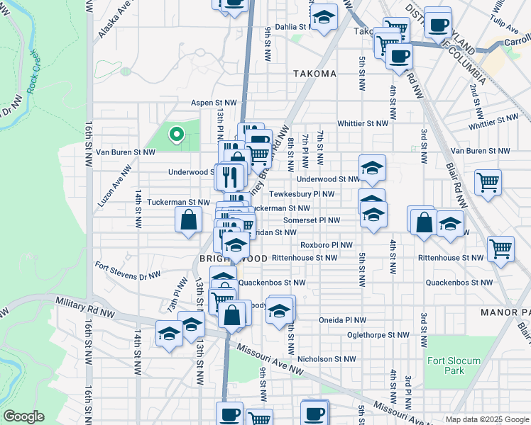 map of restaurants, bars, coffee shops, grocery stores, and more near 6321 9th Street Northwest in Washington