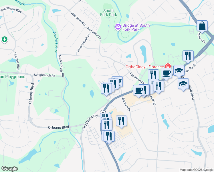 map of restaurants, bars, coffee shops, grocery stores, and more near 45 Northfield Drive in Florence