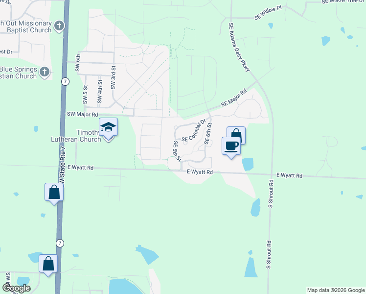 map of restaurants, bars, coffee shops, grocery stores, and more near 8209 Southeast 5th Street in Blue Springs