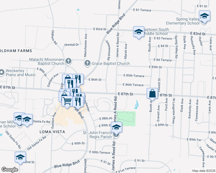 map of restaurants, bars, coffee shops, grocery stores, and more near 8630 James A Reed Road in Raytown