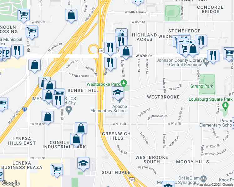 map of restaurants, bars, coffee shops, grocery stores, and more near 10722 West 88th Terrace in Overland Park