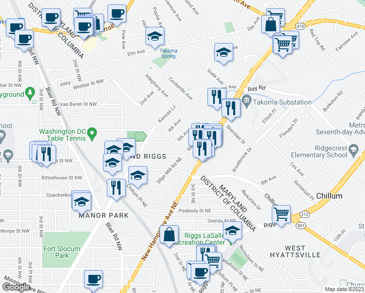 map of restaurants, bars, coffee shops, grocery stores, and more near 6303 Eastern Avenue in Washington