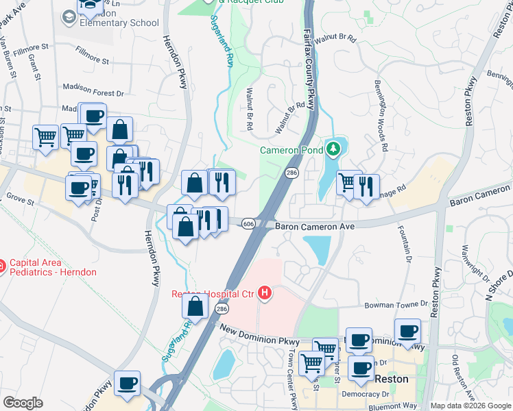 map of restaurants, bars, coffee shops, grocery stores, and more near 108 Elden Street in Herndon