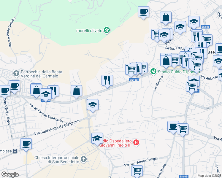 map of restaurants, bars, coffee shops, grocery stores, and more near 255/B Via Guglielmo Marconi in Lamezia Terme