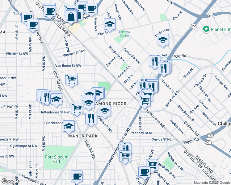 map of restaurants, bars, coffee shops, grocery stores, and more near 117 Tuckerman Street Northeast in Washington
