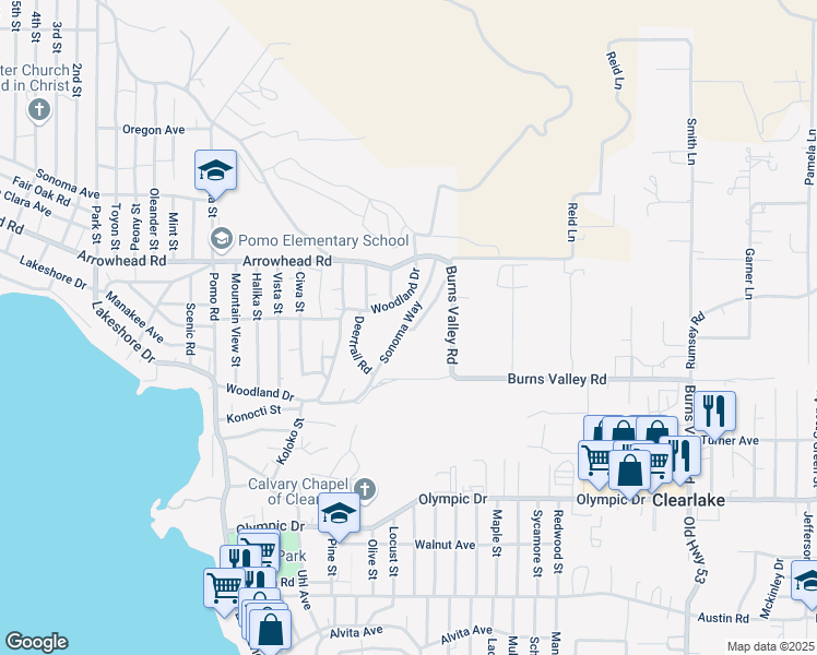 map of restaurants, bars, coffee shops, grocery stores, and more near 3572 Sonoma Way in Clearlake