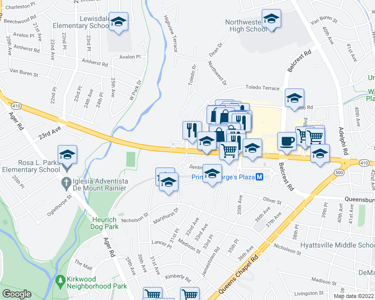 map of restaurants, bars, coffee shops, grocery stores, and more near 3215 Toledo Terrace in Hyattsville