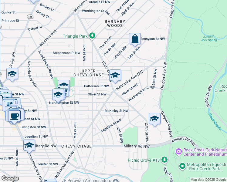 map of restaurants, bars, coffee shops, grocery stores, and more near Nebraska Ave NW & Utah Ave NW in Washington